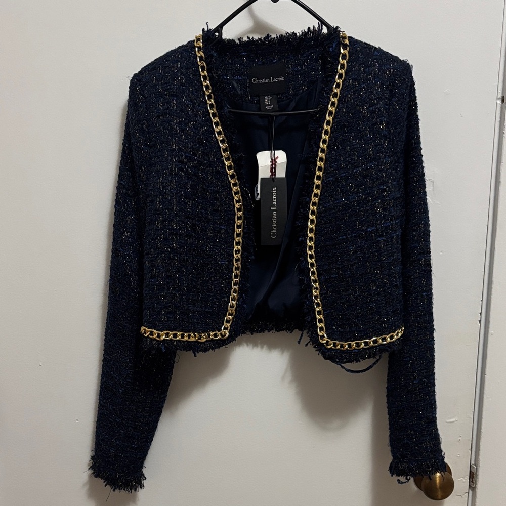 Christian Lacroix Navy Tweed Cropped Jacket with Gold Chain Trim
